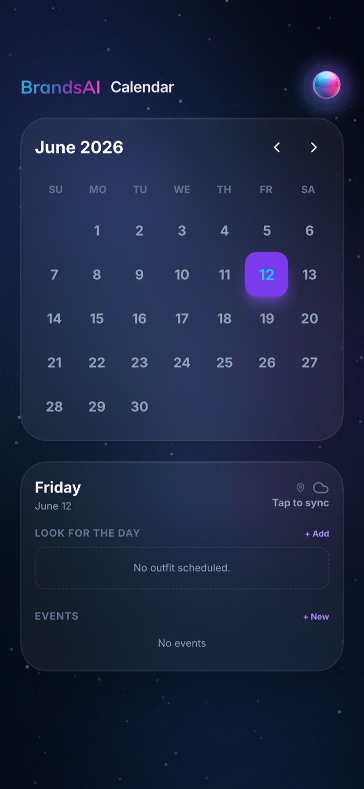 BrandsAI Calendar: June 2026 month view with the look for the day and events pinned to Friday the 12th
