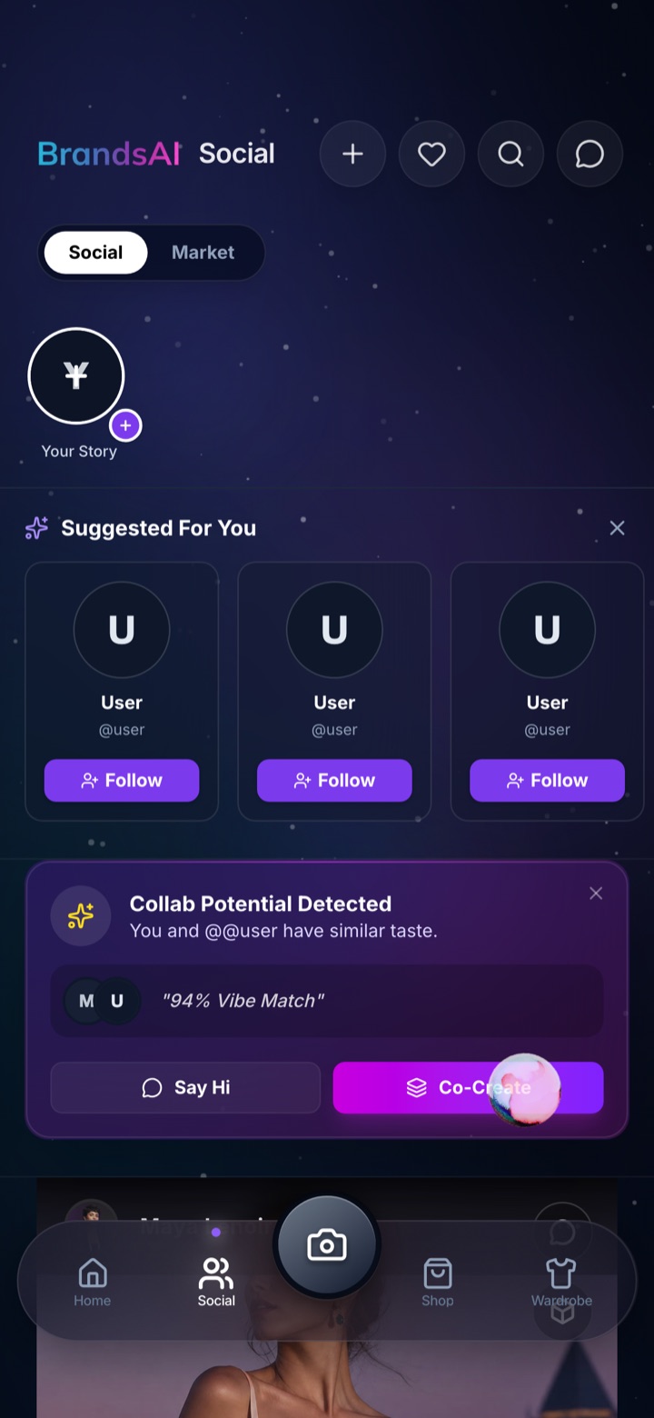 BrandsAI Social feed: stories, suggested profiles to follow, and a collab match card reading 94 percent vibe match