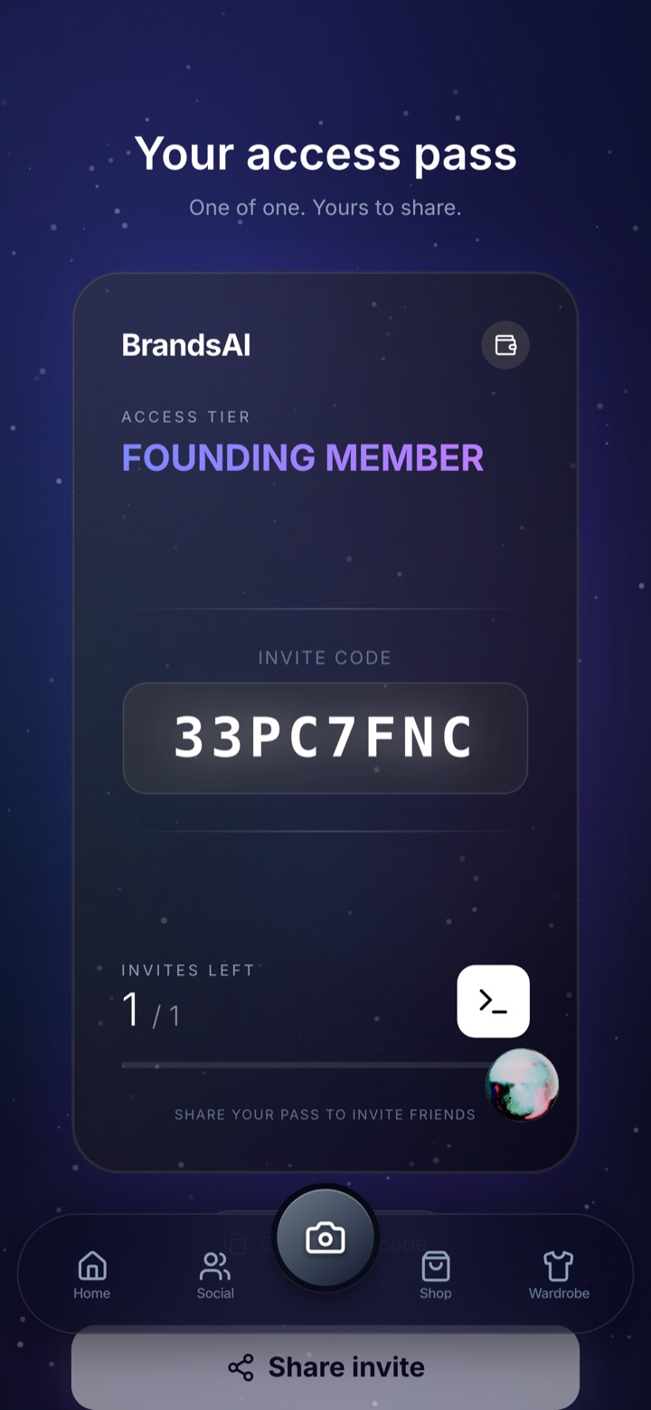 BrandsAI invite ticket screen with a personal invite code