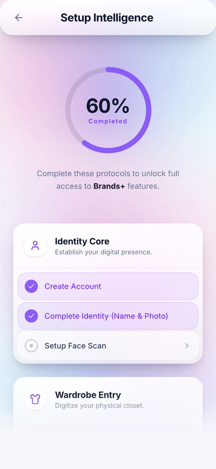 BrandsAI setup checklist with a progress ring, identity core, and wardrobe entry steps