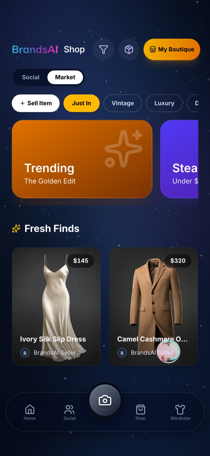 BrandsAI Marketplace: sell an item in one tap, trending edits, and fresh finds with prices on every card