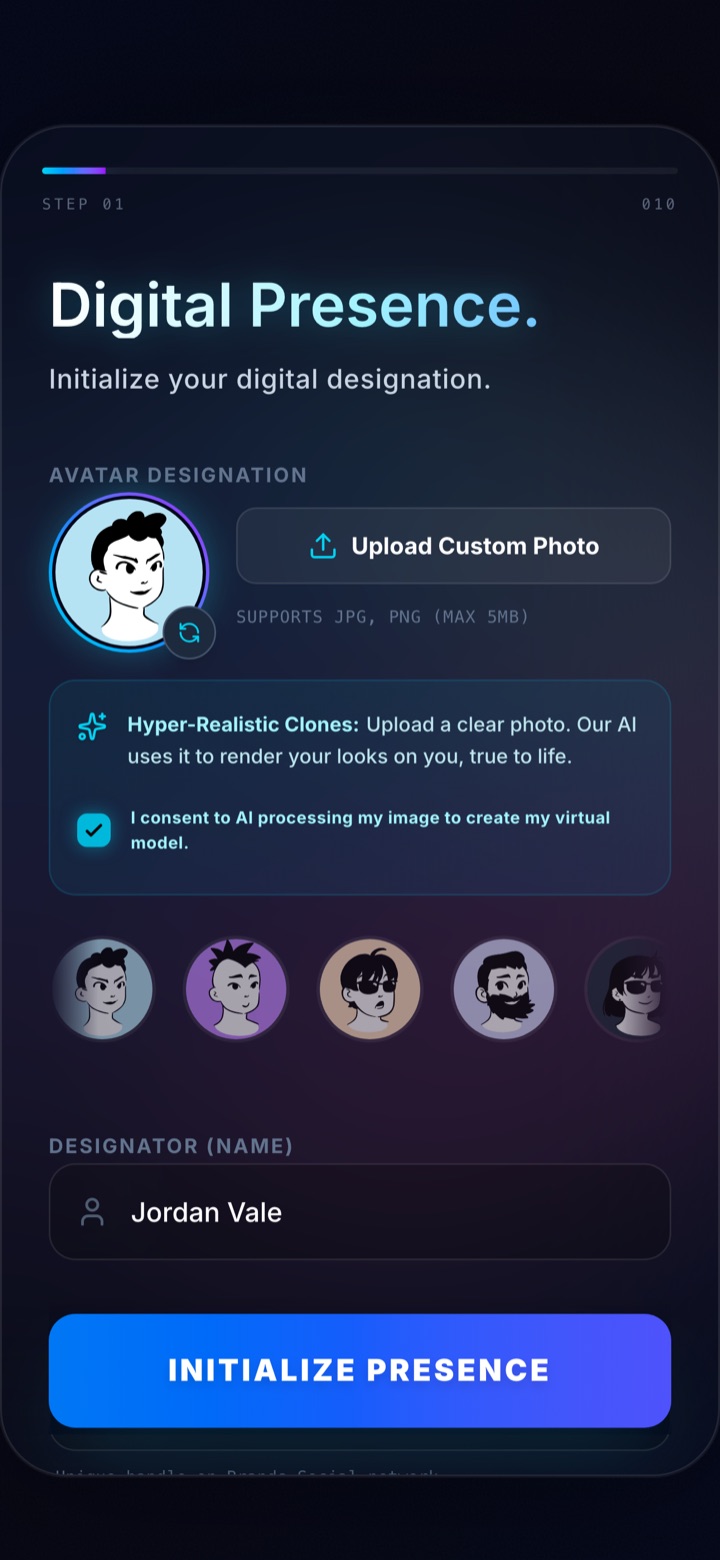 BrandsAI onboarding step one, digital presence with avatar selection and consent