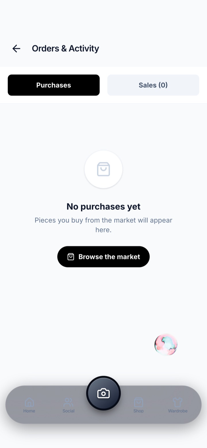 BrandsAI Orders screen with marketplace purchases and sales