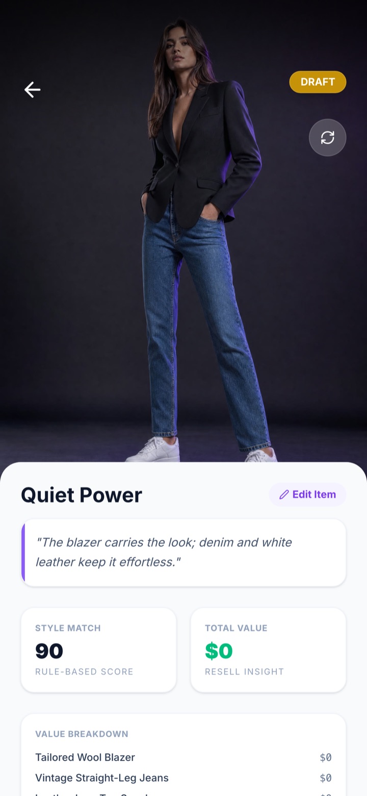 BrandsAI AI Stylist outfit result: a look named Quiet Power with a 90 style match score and a value breakdown