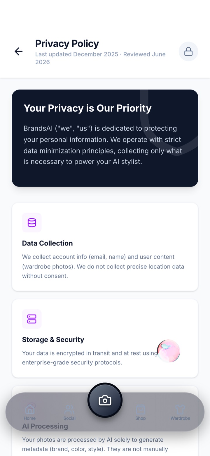 BrandsAI privacy policy screen: data minimization, encrypted storage, and AI processing limited to wardrobe metadata