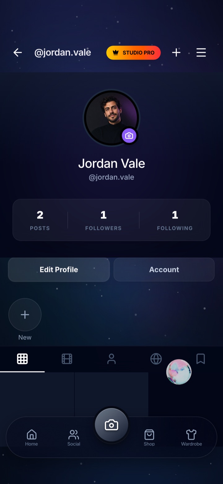BrandsAI profile screen: posts, followers, following, and a Brands Studio badge