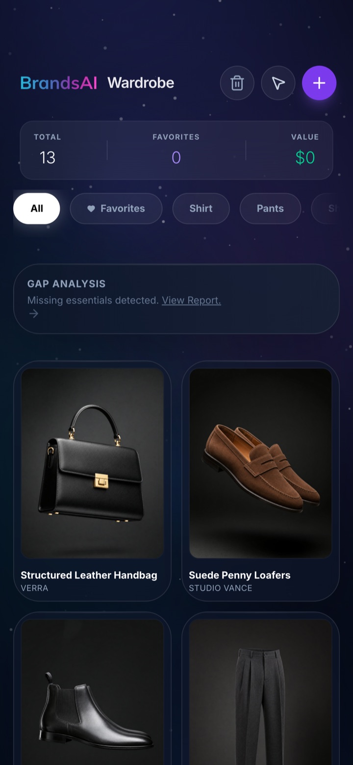 BrandsAI Wardrobe screen: a digitized closet grid with totals, favorites, value, and a gap analysis card