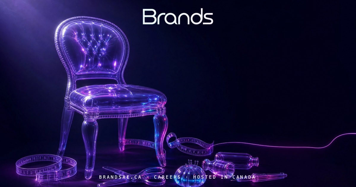 The Chair, from the BrandsAI house collection: a glass sculpture scene in cyan, violet and magenta.