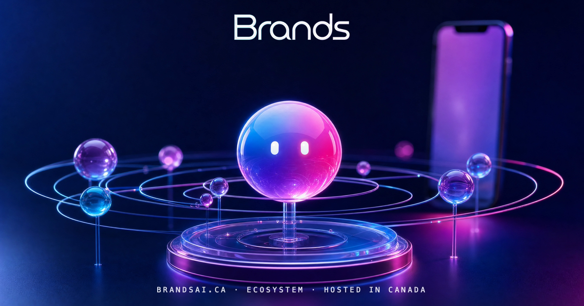 The Orrery, from the BrandsAI house collection: a glass sculpture scene in cyan, violet and magenta.