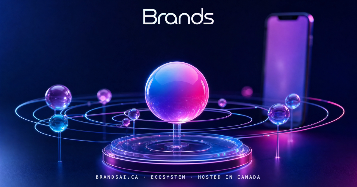 The Orrery, from the BrandsAI house collection: a glass sculpture scene in cyan, violet and magenta.