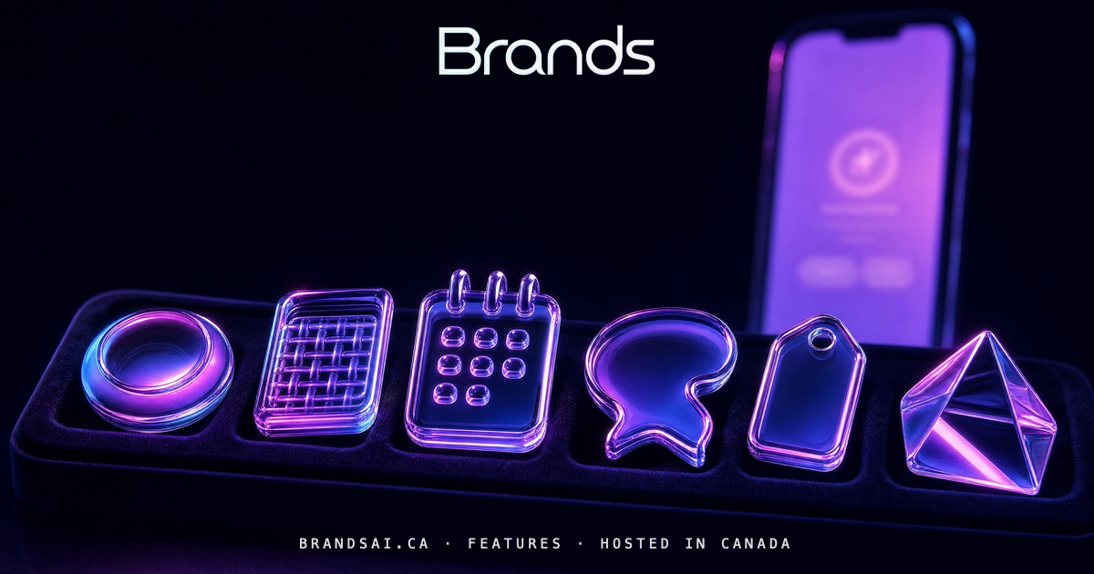 The Instruments, from the BrandsAI house collection: a glass sculpture scene in cyan, violet and magenta.