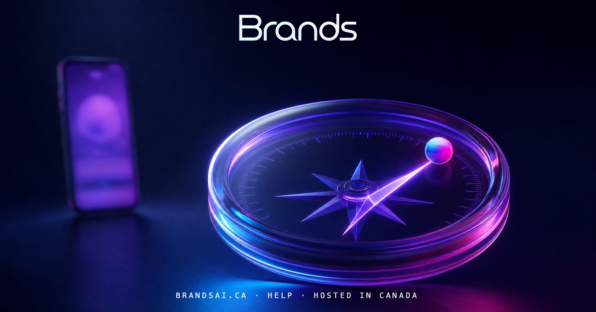 The Compass, from the BrandsAI house collection: a glass sculpture scene in cyan, violet and magenta.