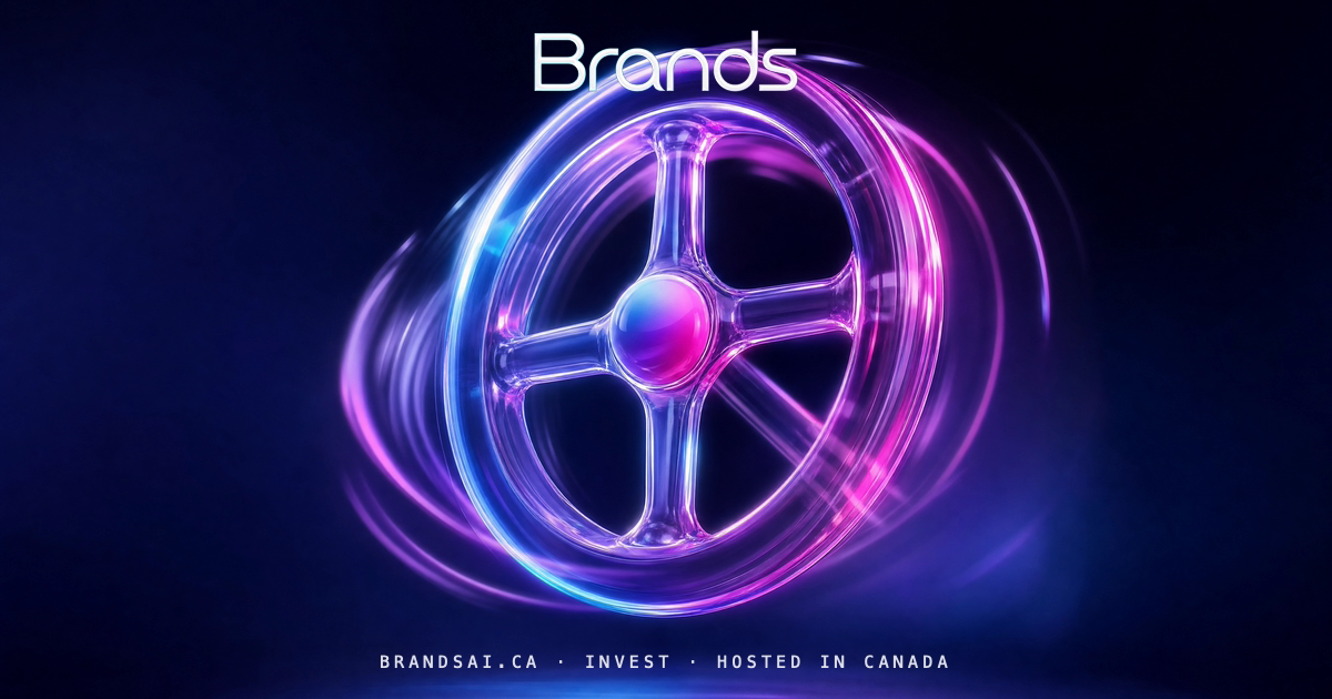 The Flywheel, from the BrandsAI house collection: a glass sculpture scene in cyan, violet and magenta.