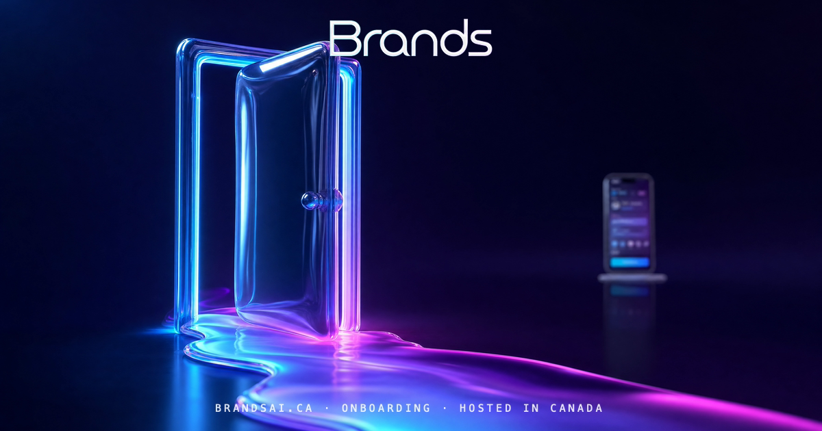 The Door, from the BrandsAI house collection: a glass sculpture scene in cyan, violet and magenta.