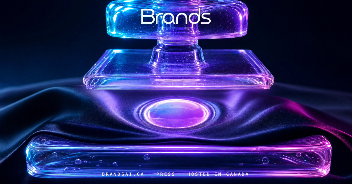 The Press, from the BrandsAI house collection: a glass sculpture scene in cyan, violet and magenta.